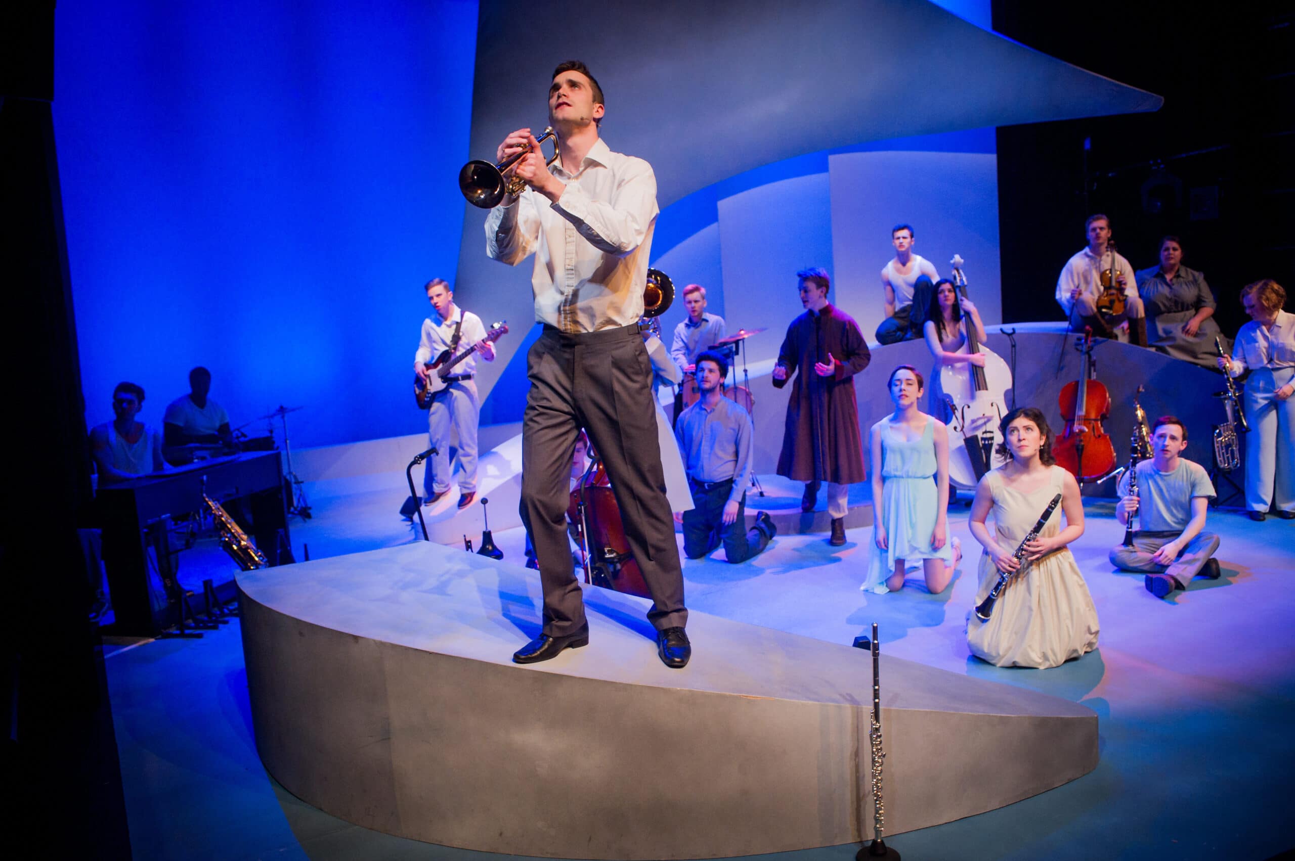 Rose Bruford Actor Musicianship students performing the musical Songs For a New World with instruments
