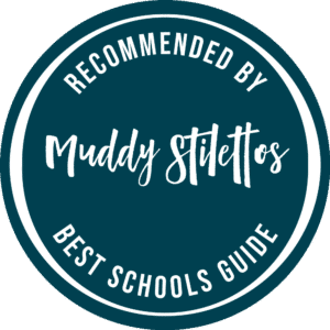 A dark teal circular badge with white text that reads Recommended by Muddy Stilettos Best Schools Guide, proudly featuring St Andrew’s Prep.