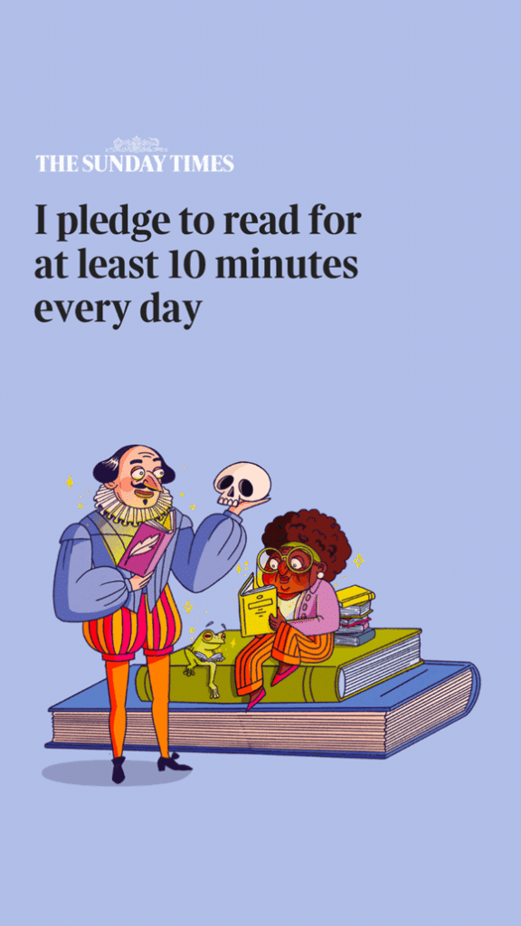 An illustration of William Shakespeare reading to a woman sitting on stacked books with a cat and frog, along with the text: I pledge to read for at least 10 minutes every day. Take10toRead Challenge. The Sunday Times.
