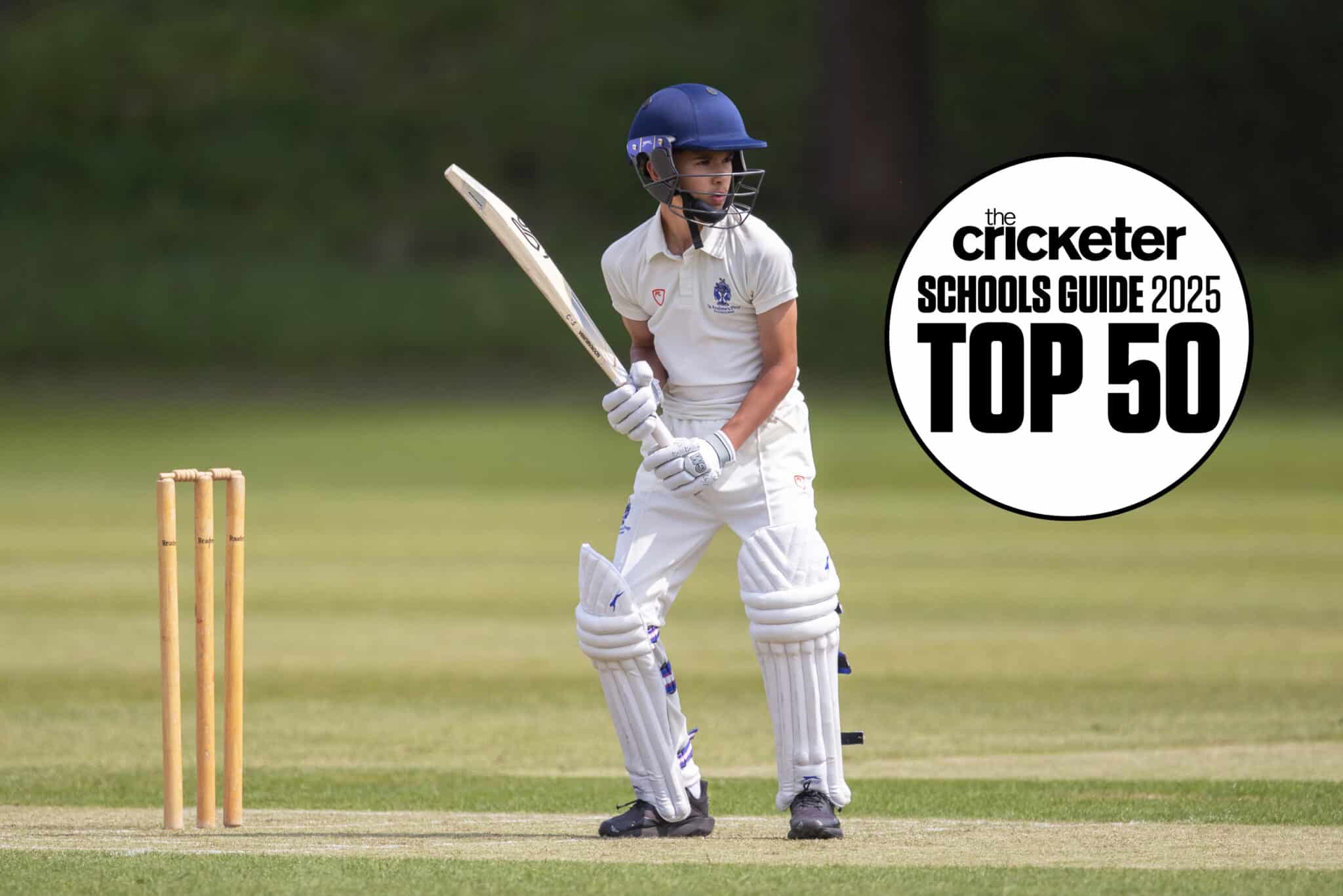 A young cricketer stands ready to bat on a cricket pitch, wearing protective kit. To the right, a graphic reads: The Cricketer Schools Guide 2025 Top 50, featuring Eastbourne College and St Andrew's Prep.