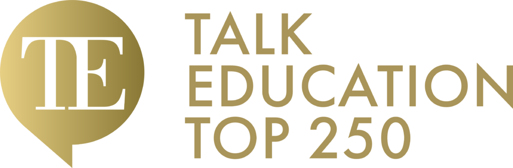 Gold TE logo in a speech bubble on the left, with the text TALK EDUCATION TOP 250 PREP SCHOOLS UK in gold capital letters on the right, all on a white background.