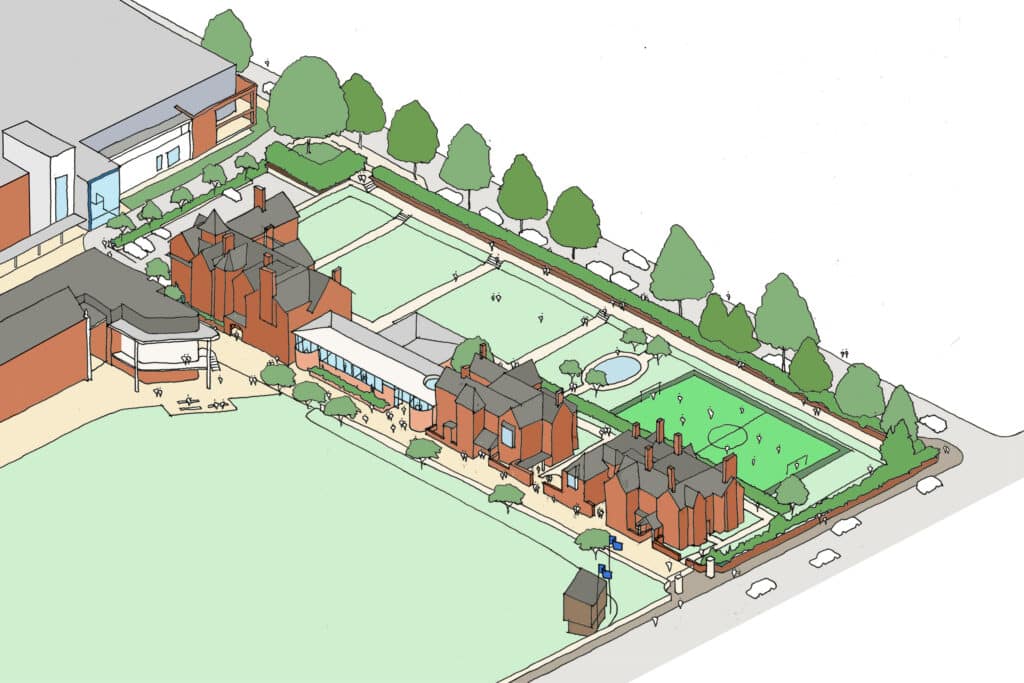 A bird’s-eye view illustration of St Andrew’s Prep school campus features red brick buildings, sports fields, tennis courts, a small pond, trees, pathways, and cars parked along the street in this ECi310 project.