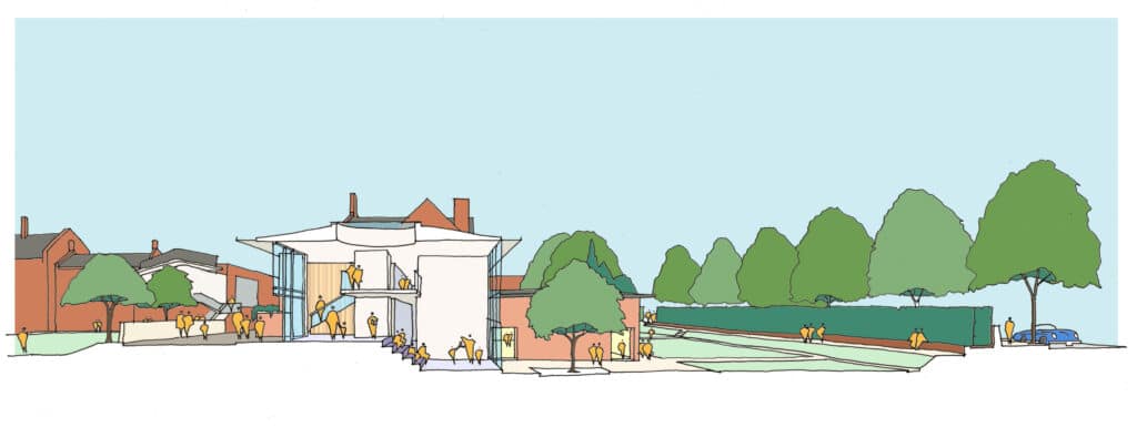 A hand-drawn architectural illustration shows St Andrew’s Prep, a two-storey modern building with people walking around, surrounded by trees, lawns, and nearby brick structures under a clear blue sky. ECi310 project.
