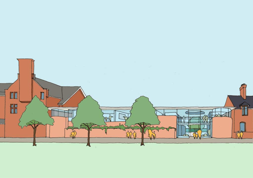 Illustration of St Andrew’s Prep building with red brick structures on both sides, a modern glass entrance in the centre, trees in front, and small figures of people—perhaps ECi310 students—walking and gathering near the entrance.