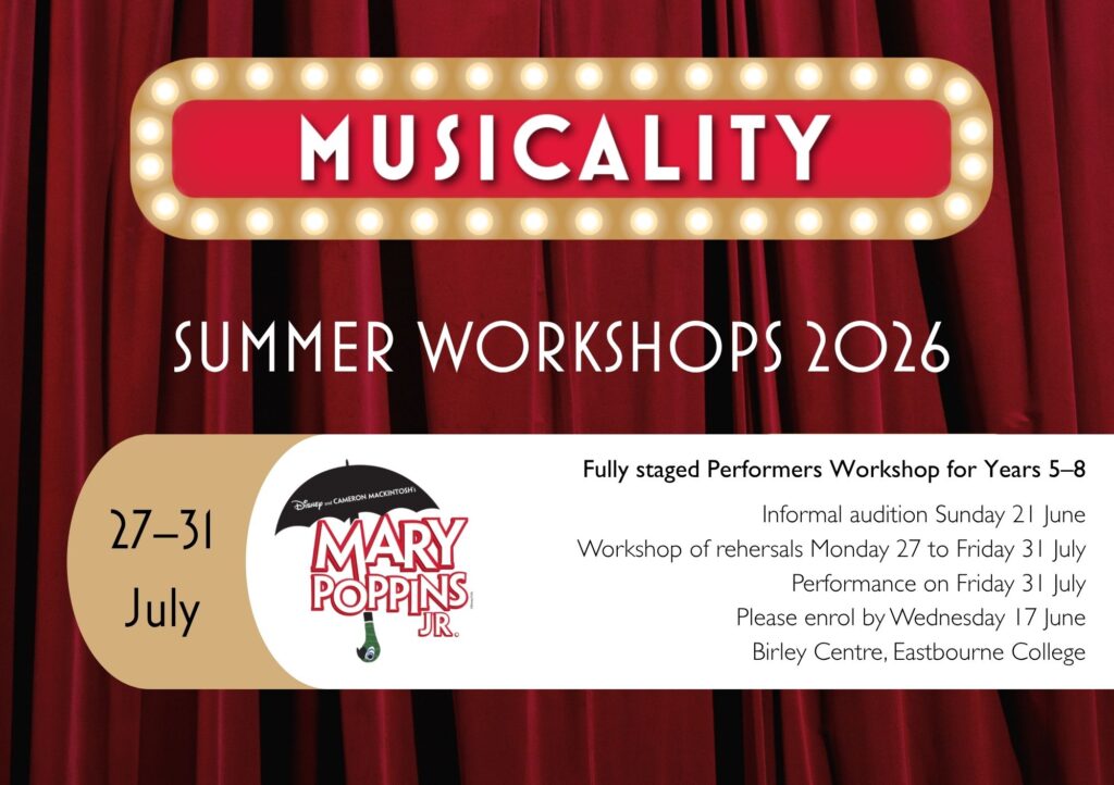 A poster for Musicality Summer Workshops 2026 featuring Mary Poppins Jr. for Years 5–8, with dates 27–31 July and details about rehearsals and enrolment deadlines, set against a red curtain background.